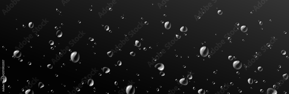 Obraz premium Glass surface covered with realistic water drops and rain texture on black background. Transparent dew pattern with moisture beads and condensation effect. Fresh aqua droplet with wet overlay.