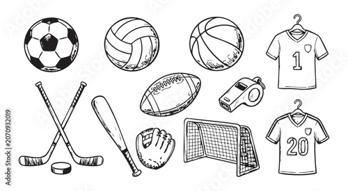 Sports equipment hand drawn collection with balls and jersey and hockey sticks for game activities.