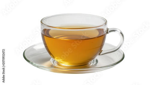 Canvas Print Isolated clear glass teacup with amber tea on a glass saucer, elegant beverage p