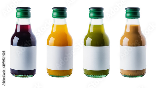 Photos Isolated collection of four small glass bottles with colorful liquids and blank