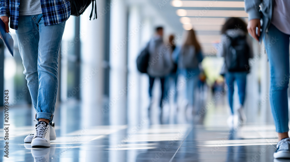 Fototapeta premium Modern university hallway with anonymous students and natural light, contemporary campus environment concept, faceless, defocused with copy space