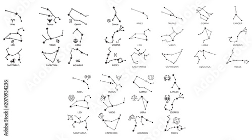 Zodiac Constellations and Astrology Symbols Set Featuring All 12 Horoscope Signs and Star Maps