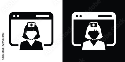 Online healthcare profile icon featuring a female nurse avatar in front of a web browser window.