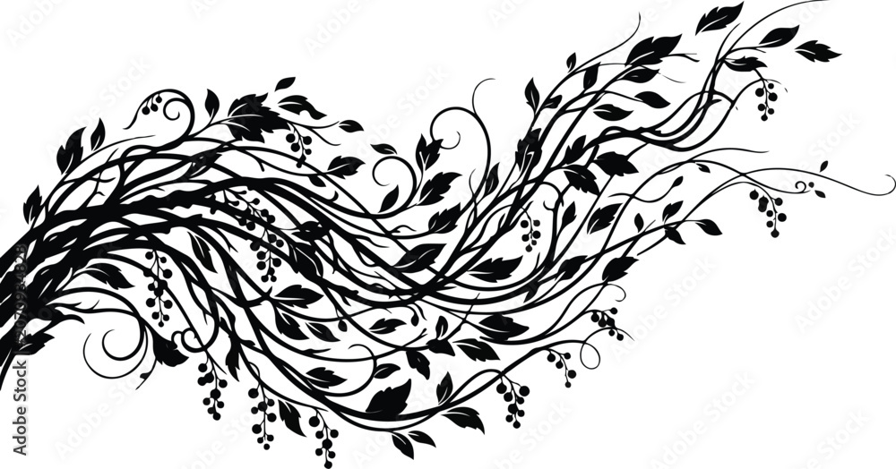 Fototapeta premium Black flowing wild vine silhouette vector design illustration with leaves