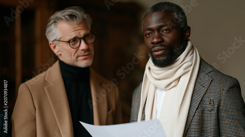 Cultural attaché from West Africa and European museum curator standing before a disputed bronze sculpture in a repatriation meeting room, a printed provenance document held