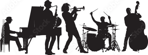 Silhouette Jazz Band, Performing Live Music, with Piano, Saxophone, Trumpet, Drums