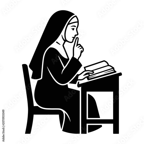 Nun writing at desk religious education scene