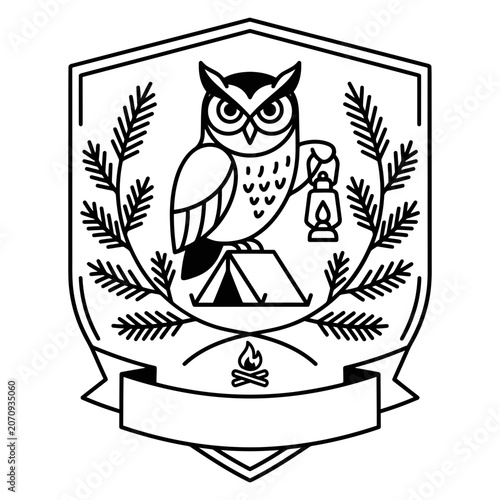 Owl camping badge with pine trees and lantern