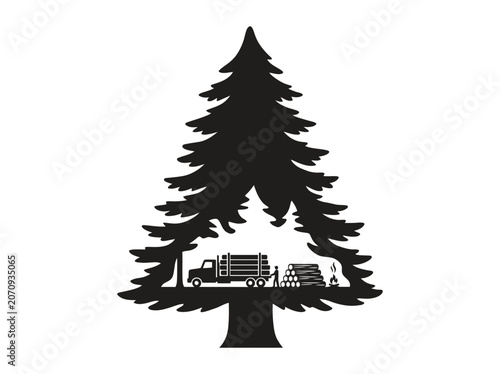 Pine tree camping silhouette with camper shelter