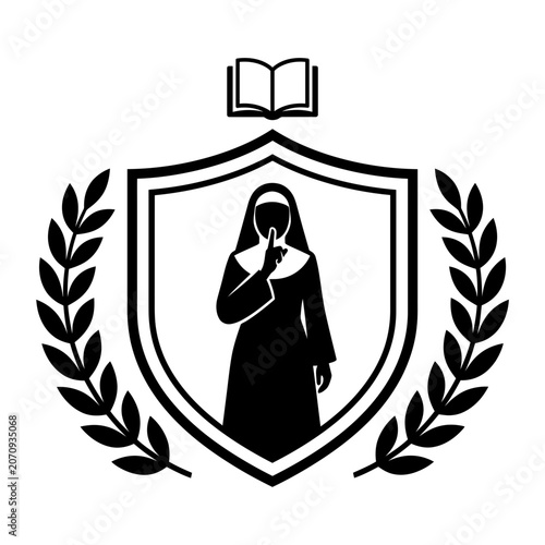 Praying nun shield crest with laurel wreath