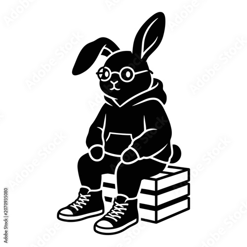 Punk bunny sitting on crate with sunglasses