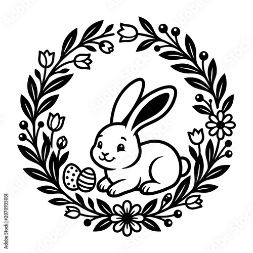 Sleeping bunny floral wreath spring illustration