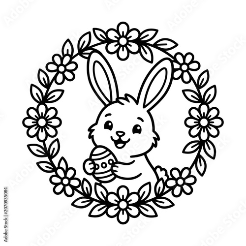 Smiling rabbit inside daisy flower wreath