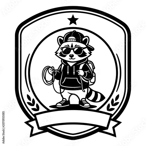 Raccoon adventure badge with blank ribbon banner