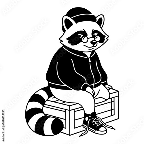 Urban raccoon sitting on crate with sneakers