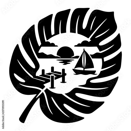 Tropical leaf frame with island and sailboats