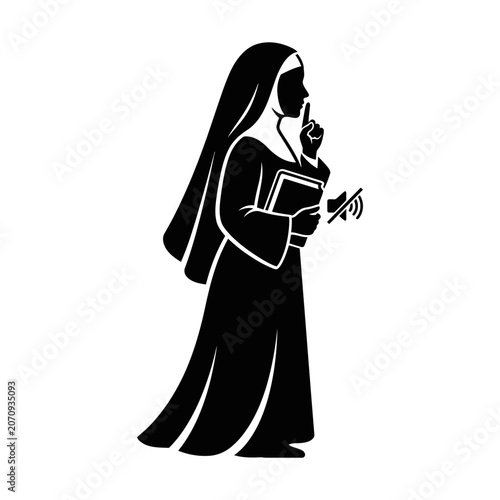 Walking nun carrying books black and white clipart