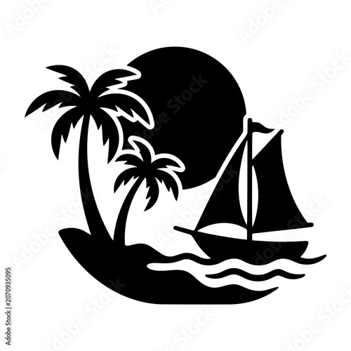 Tropical sailboat sunset with palm island silhouette
