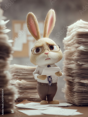 Stressed rabbit worker overwhelmed by office paperwork