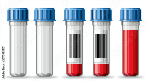 Set of medical test tubes with blue caps for blood analysis, including empty, labeled with barcode, and filled with blood samples.
