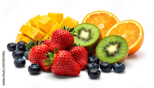 Vibrant Assortment of Fresh Fruit: A colorful medley of ripe strawberries, blueberries, kiwi slices, chopped mango, and orange halves, bursting with natural sweetness and healthy vitamins.