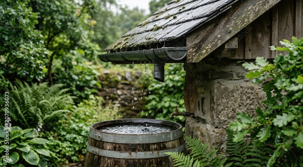 Fototapeta premium Rainwater dripping from a mossy slate roof gutter into a wooden barrel. Sustainable water collection and ecological conservation concept