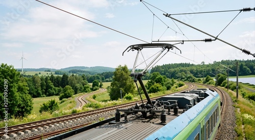 Pantograph on the roof of a modern electric train connected to overhead wires. Sustainable public transportation and renewable energy concept