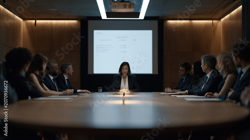 Data ethics board seated around an oval table in a government building, reviewing printed AI bias audit findings under fluorescent lighting, a moderator presenting disparity