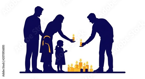 Family silhouette lighting candle for remembrance. Man, woman and child holding flame at vigil. Religious ceremony, mourning, tribute and hope concept. Sorrow and memorial gathering.
