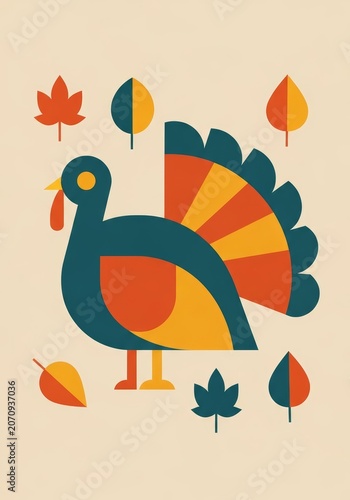 Turkey bird illustration for Thanksgiving holiday. Stylized graphic design with autumn leaf. Festive national celebration symbol, minimalist seasonal art for greeting card or banner.