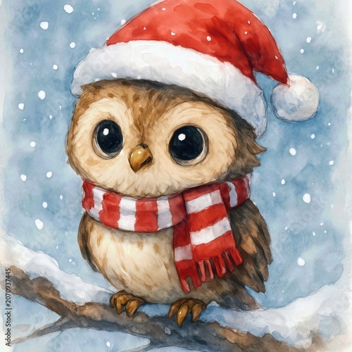 An adorable owl wearing a Santa hat and scarf sits on a snowy branch in a winter wonderland with delicate snowfall painted in watercolor