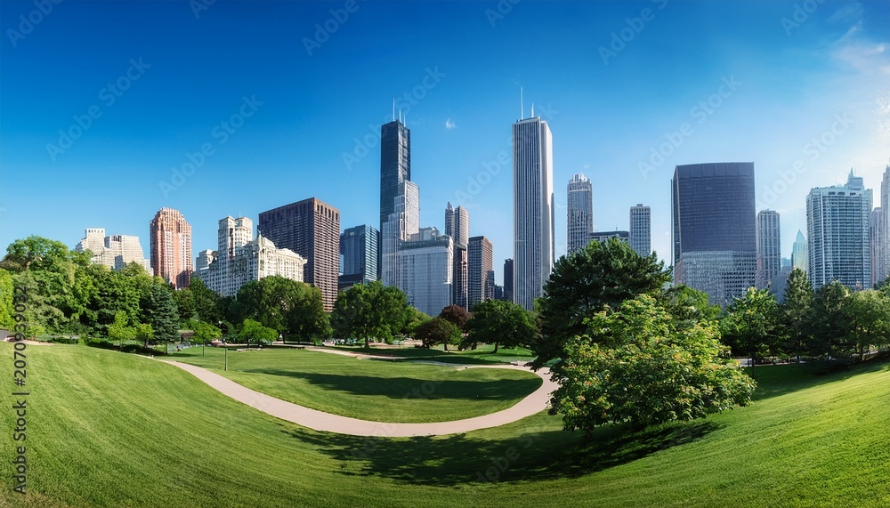 Obraz premium panorama of a green neighborhood in chicago illinois us with a skyline of majestic skyscrapers in the background