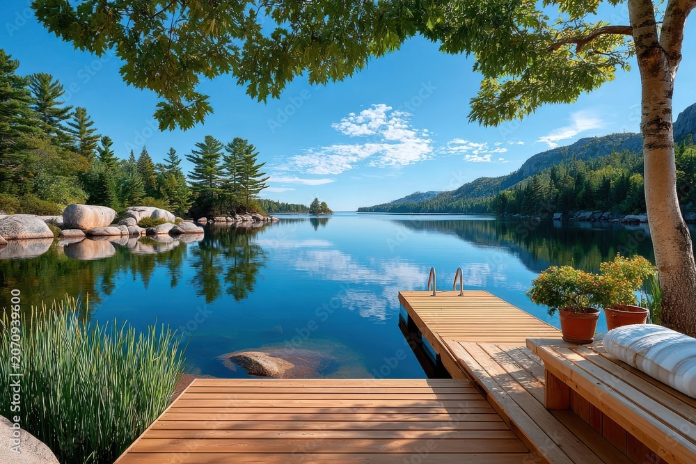 Obraz premium Tranquil lake with wooden dock, birch tree and mountain reflections on a clear summer day