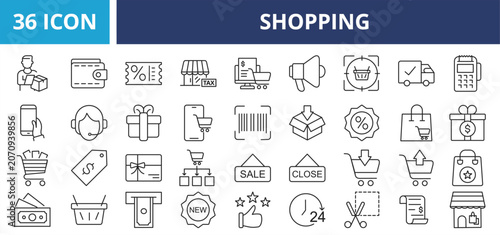 Shopping web banner icon set outline vector illustrations concept with icon woman, shopping, retail, customer, sale, buy, store