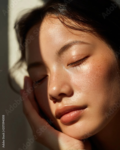 Serene young woman with natural freckles resting in warm sunlight featuring clear skin and closed eyes for wellness and peaceful beauty concept