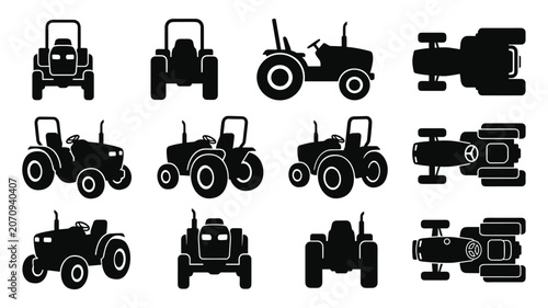 Classic Compact Agricultural Tractor Silhouette Set — Farm Vehicle Vector Icons in Multiple Views Isolated
