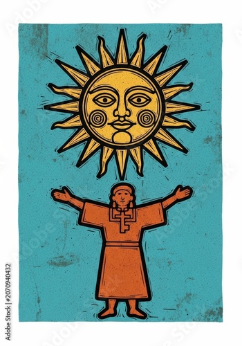 Woman standing with arms outstretched under a stylized sun. Ancient inca cultural illustration. Traditional ethnic folk art representing spiritual connection with sun god and nature.