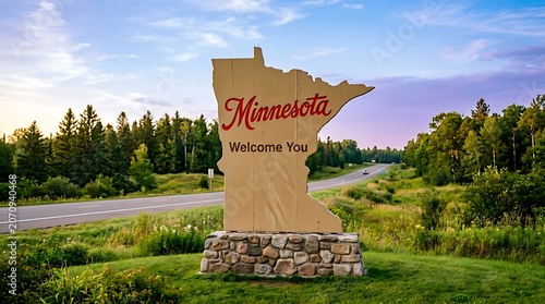 Welcome to minnesota state sign on a rural highway at sunset