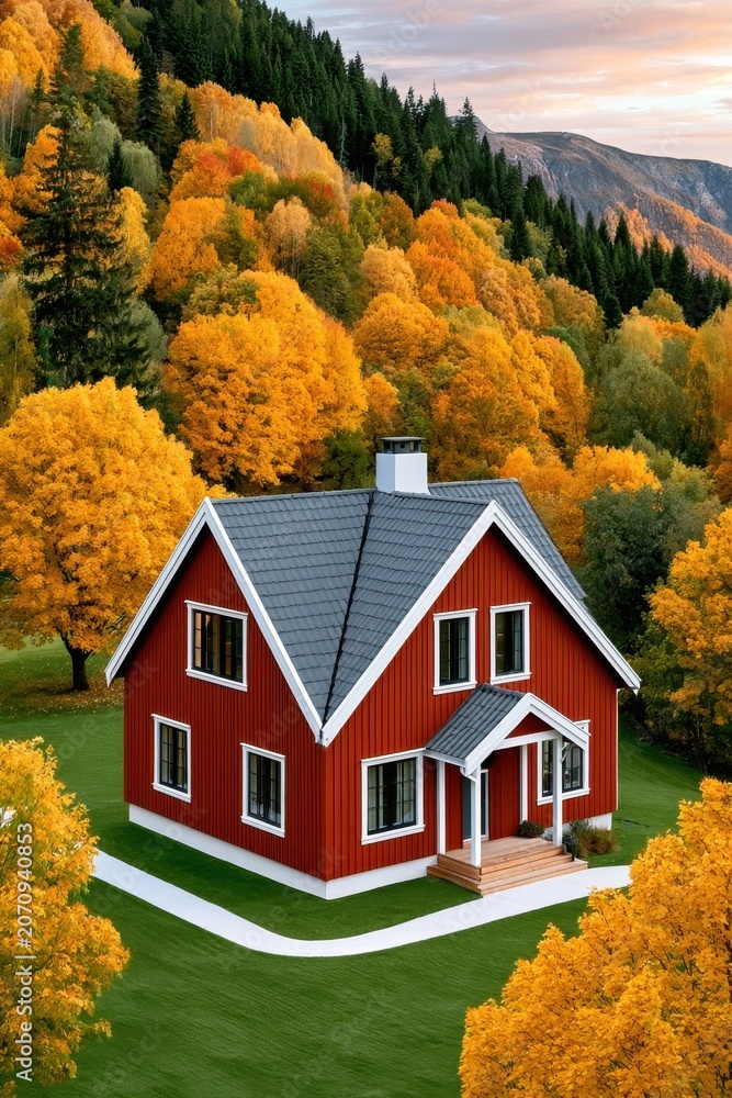 Fototapeta premium Red cottage surrounded by autumn forest on a tranquil hillside with winding path