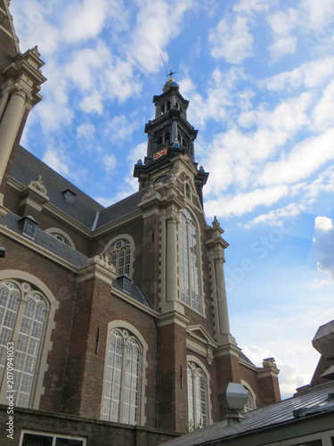 The tower of the Westerkerk Church, a Dutch Protestant church in Amsterdam, Netherlands.