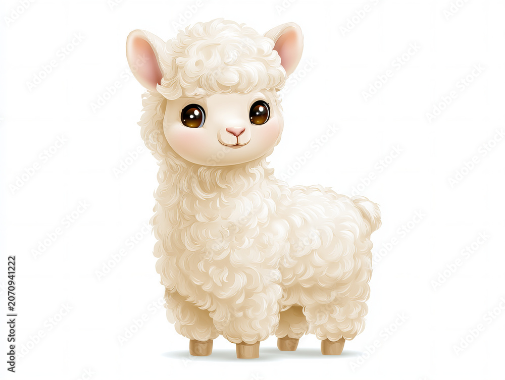 Fototapeta premium adorable cartoon alpaca with fluffy cream wool, large sparkling eyes, sweet smile, rounded body, smooth gradients, whimsical children’s illustration, commercial stock illustration quality, isolated