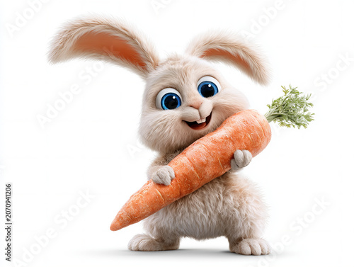 cartoon bunny holding a giant carrot, oversized blue eyes, fluffy fur, smiling happily, rounded proportions, whimsical style, commercial stock illustration quality, isolated