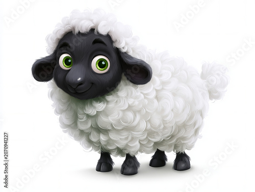 cute cartoon black sheep with fluffy white wool, bright green eyes, smiling expression, rounded body, soft glossy shading, whimsical farm illustration, commercial stock illustration quality, isolated 