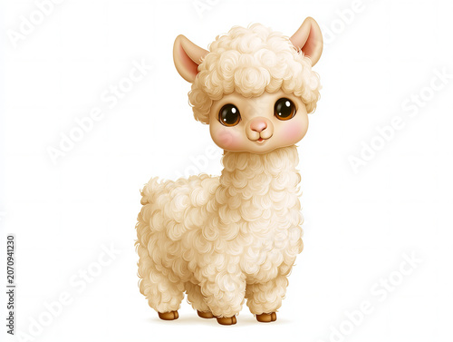 adorable cartoon alpaca with fluffy cream wool, large sparkling eyes, sweet smile, rounded body, smooth gradients, whimsical children’s illustration, commercial stock illustration quality, isolated
