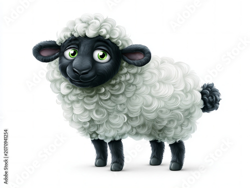 cute cartoon black sheep with fluffy white wool, bright green eyes, smiling expression, rounded body, soft glossy shading, whimsical farm illustration, commercial stock illustration quality, isolated 