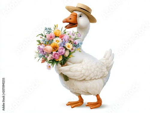 cute cartoon goose holding a bouquet of colorful flowers, cheerful expression, wearing a tiny straw hat, smooth shading, whimsical style, commercial stock illustration quality, isolated on white 