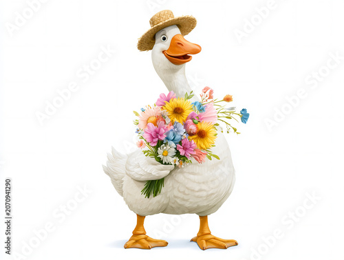 cute cartoon goose holding a bouquet of colorful flowers, cheerful expression, wearing a tiny straw hat, smooth shading, whimsical style, commercial stock illustration quality, isolated on white 