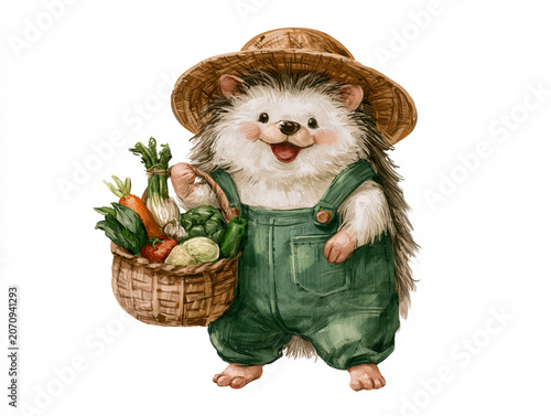 cute cartoon hedgehog wearing green overalls and straw hat, holding a basket of vegetables, smiling happily, soft rounded shapes, polished digital art, commercial stock illustration quality, isolated 
