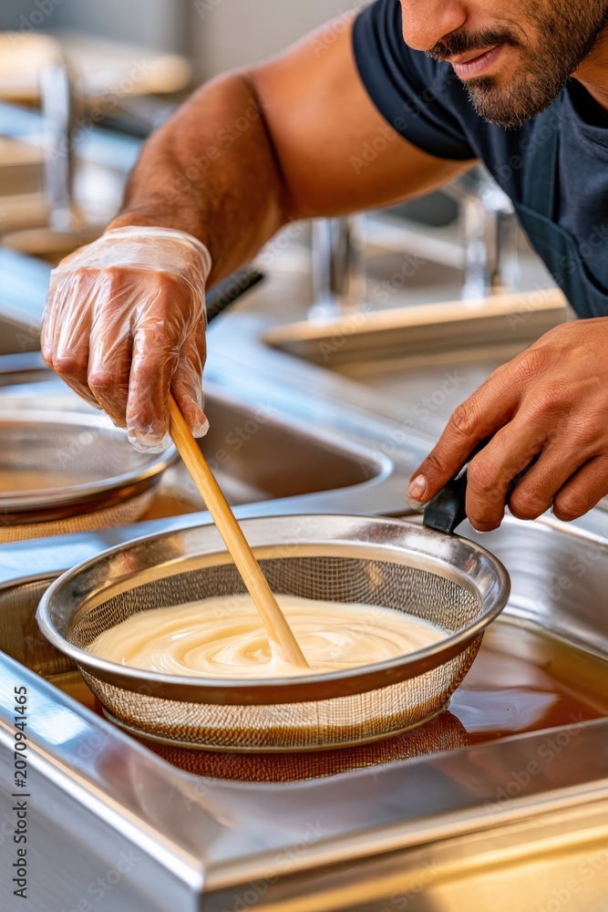 Fototapeta premium Chef straining and stirring creamy sauce in a stainless steel sieve during food preparation in kitchen