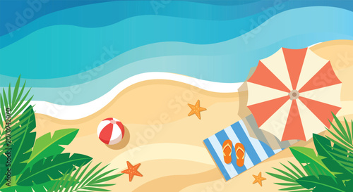 Photos Top view beach scene with umbrella and tropical leaves umbrella tropical vacatio